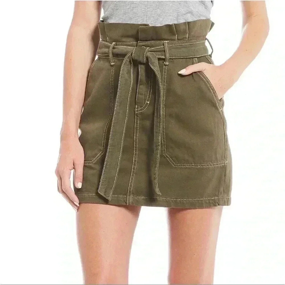 Free People Splendor the Grass Army Green Belted Paper Bag Waist Skirt Sz 2